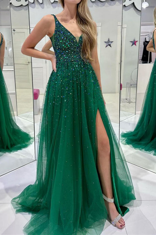 Bling A Line V Neck Dark Green Long Prom Dress with Beading