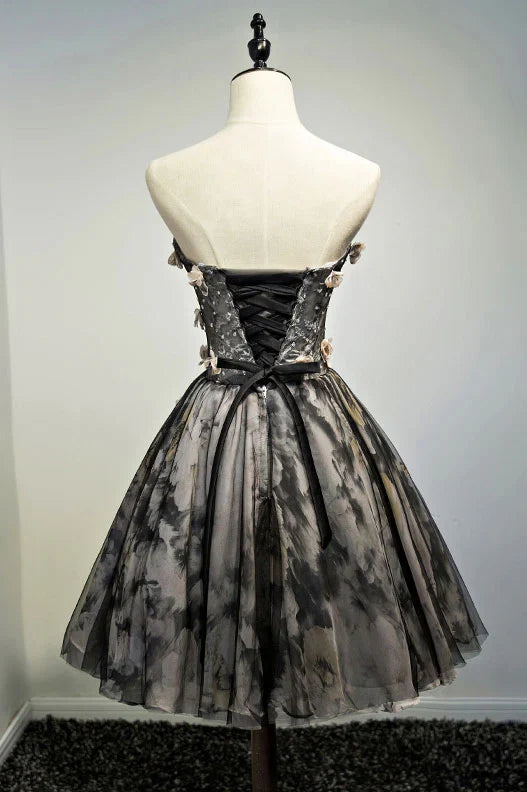Black tulle lace short homecoming dress