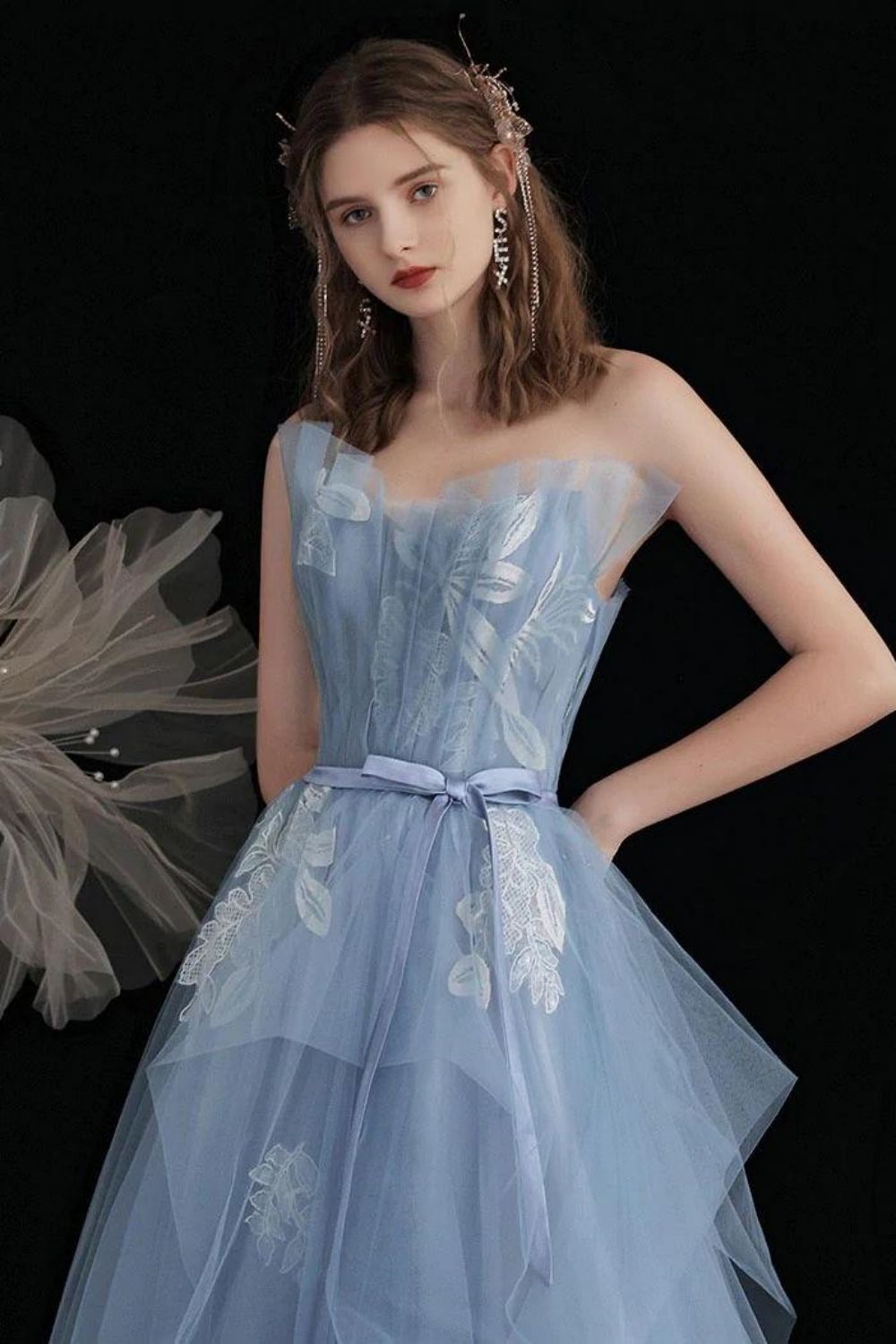 Princess A Line Strapless Blue Long Prom Dress with Appliques