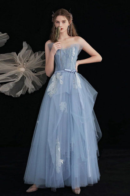 Princess A Line Strapless Blue Long Prom Dress with Appliques