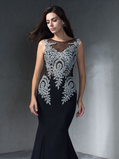 Scoop Applique Sleeveless Long Chiffon Dresses