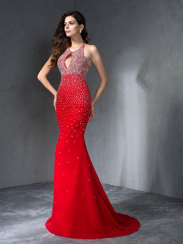 Halter Beading Sleeveless Long Chiffon Dresses