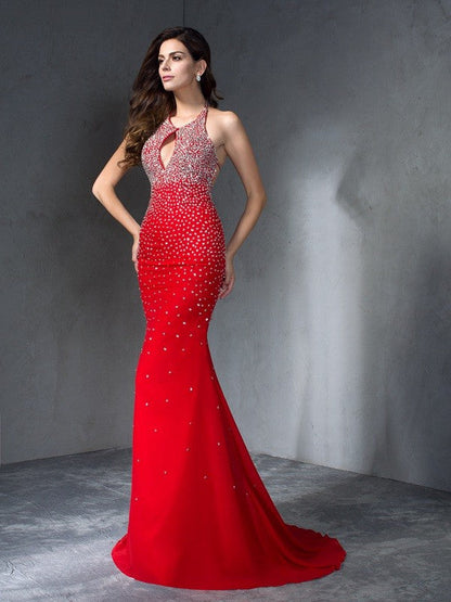 Halter Beading Sleeveless Long Chiffon Dresses