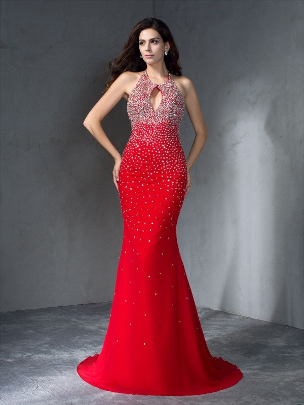 Halter Beading Sleeveless Long Chiffon Dresses