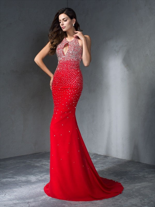Halter Beading Sleeveless Long Chiffon Dresses