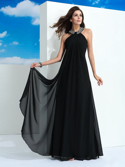 Halter Beading Sleeveless Long Chiffon Dresses