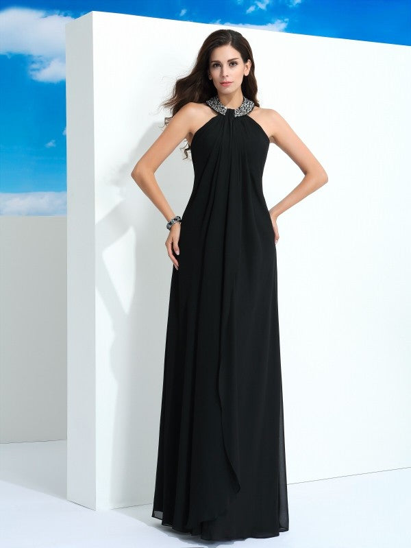Halter Beading Sleeveless Long Chiffon Dresses