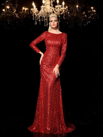 Scoop Sequin Long Sleeves Long Sequins Dresses