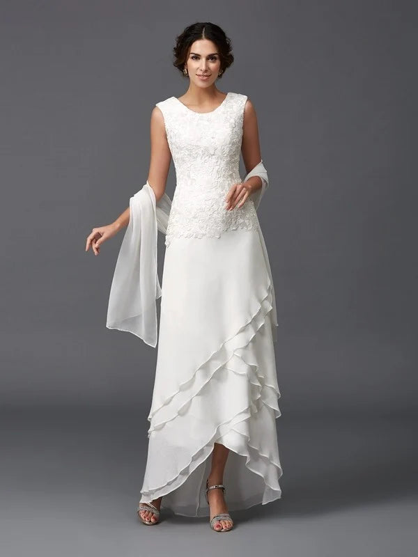 White Lace A‑Line Round‑Neck Sleeveless Shawl High‑Low Mother Of The Bride Dress