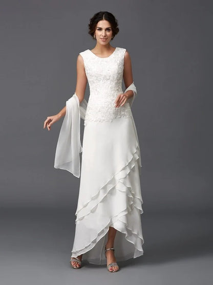 White Lace A‑Line Round‑Neck Sleeveless Shawl High‑Low Mother Of The Bride Dress