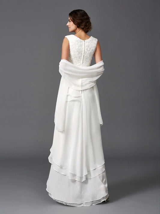 White Lace A‑Line Round‑Neck Sleeveless Shawl High‑Low Mother Of The Bride Dress