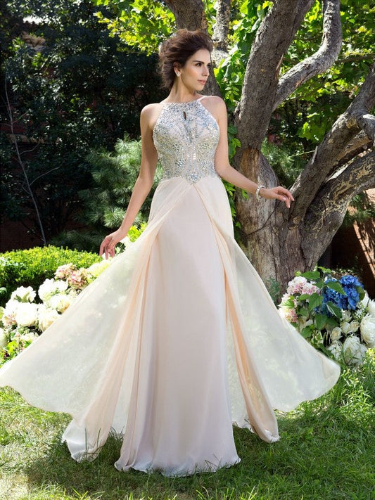 Spaghetti Straps Beading Sleeveless Long Chiffon Dresses
