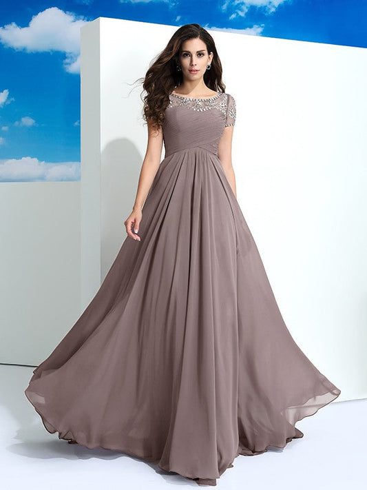 Neck Beading Short Sleeves Long Chiffon Dresses