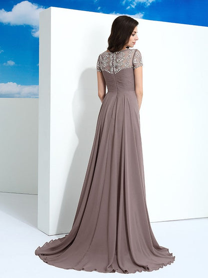 Neck Beading Short Sleeves Long Chiffon Dresses