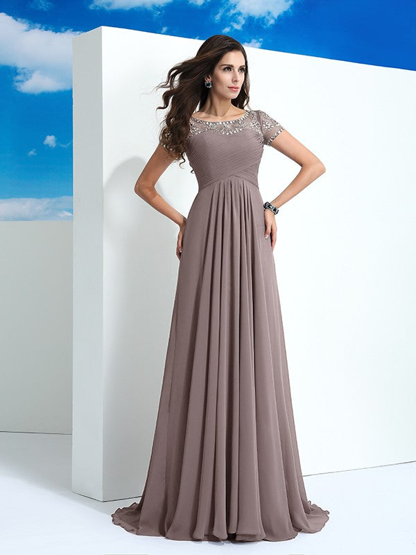 Neck Beading Short Sleeves Long Chiffon Dresses