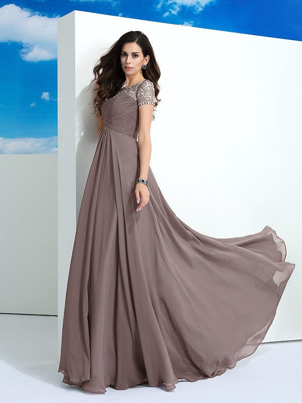 Neck Beading Short Sleeves Long Chiffon Dresses