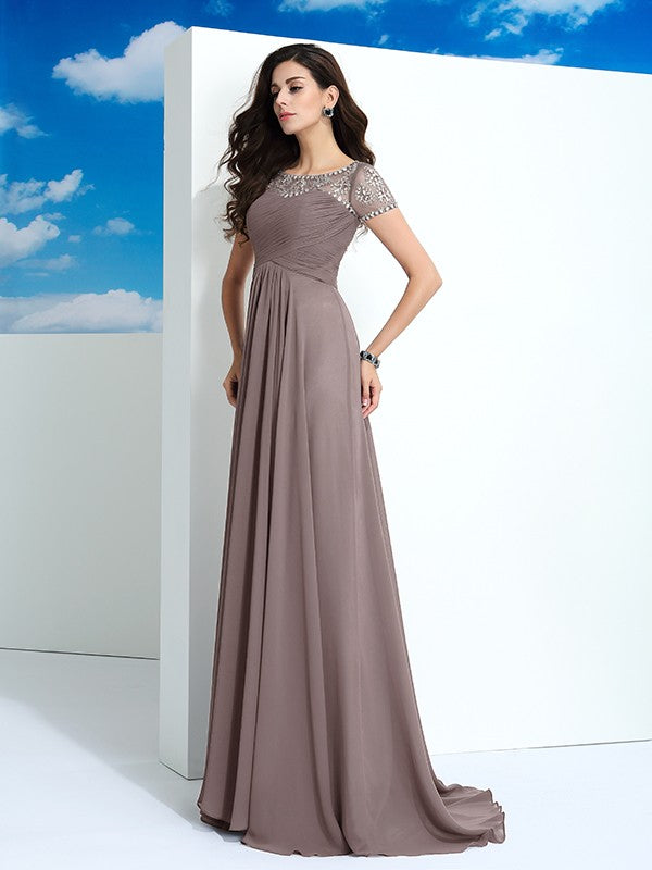 Neck Beading Short Sleeves Long Chiffon Dresses