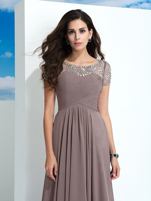 Neck Beading Short Sleeves Long Chiffon Dresses