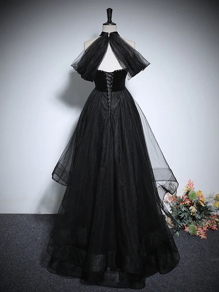Black A-Line Tulle Long Prom Party Dresses