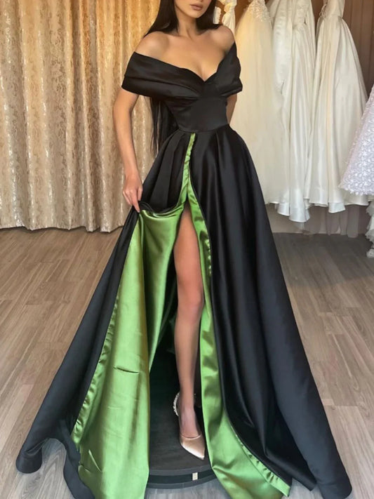 Simple black satin off shoulder long prom dress