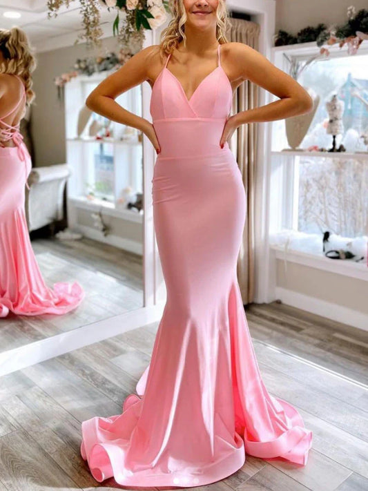 Simple pink satin mermaid long prom dress
