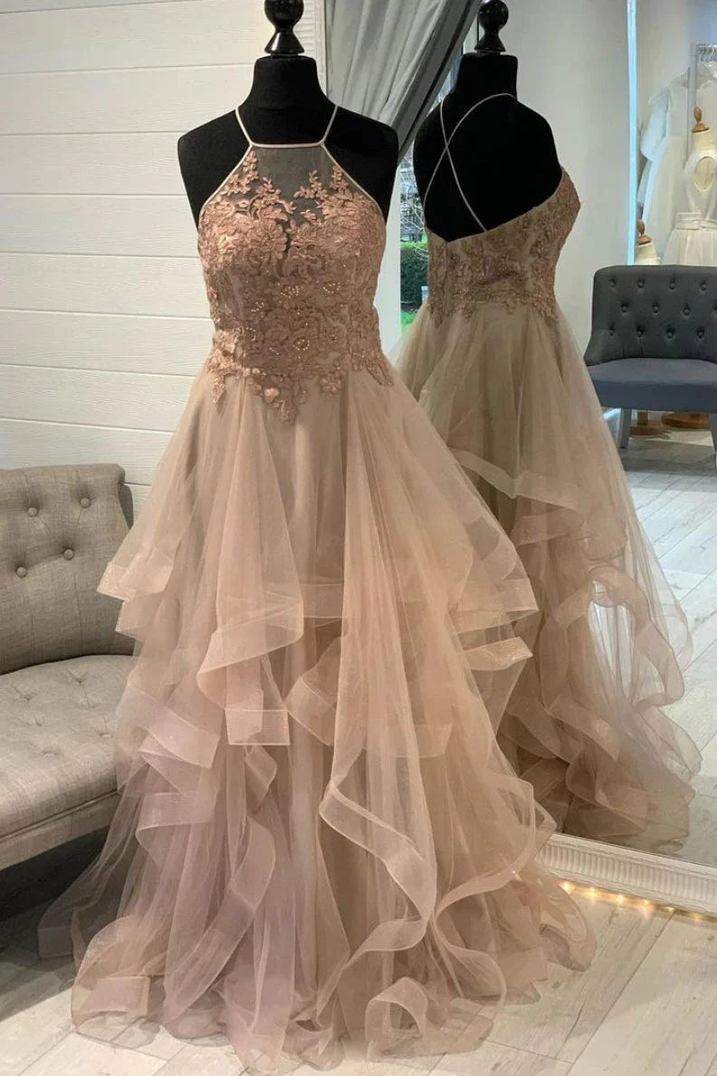 Champagne Tulle Lace Multi Layer Long Evening Dresses With Train