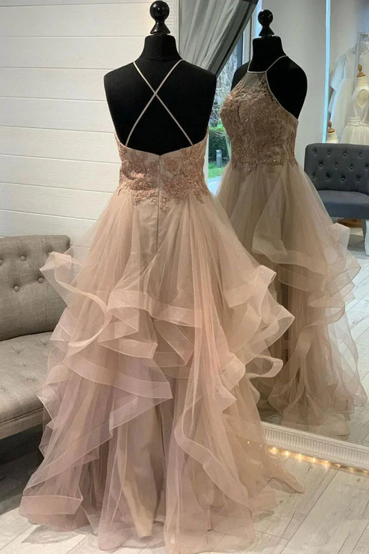 Champagne Tulle Lace Multi Layer Long Evening Dresses With Train