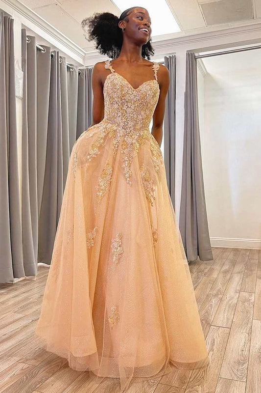 Charming A Line Spaghetti Straps Champagne Long Prom Dress with Appliques