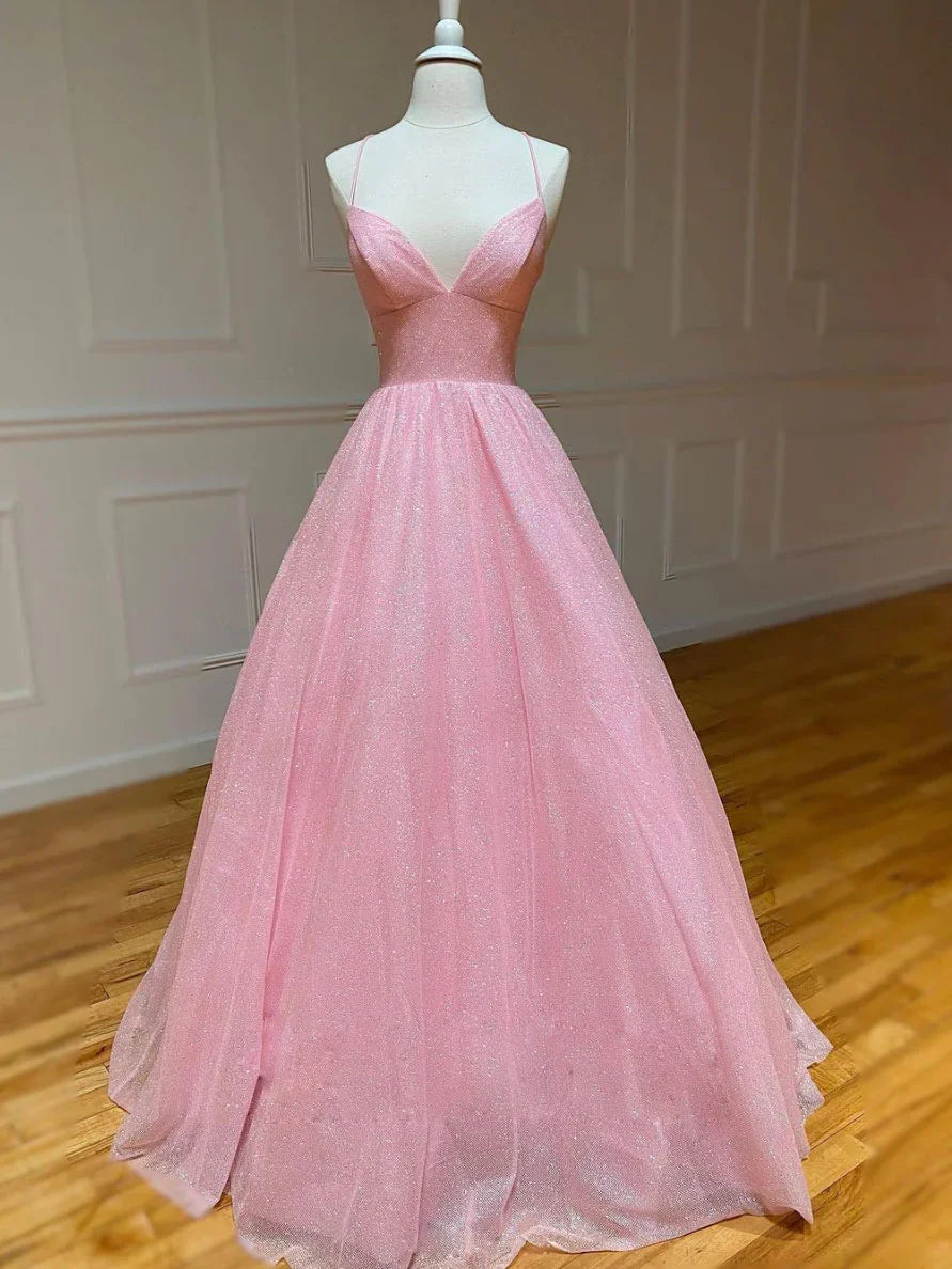 Pink A-line v neck tulle long prom dress