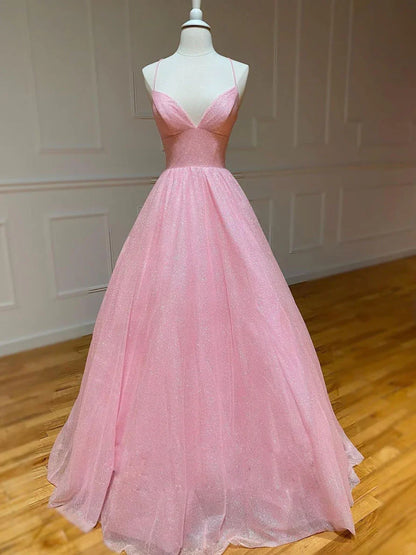Pink A-line v neck tulle long prom dress