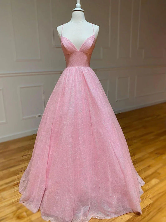 Pink A-line v neck tulle long prom dress