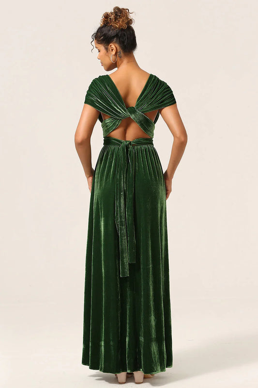 A Line V Neck Covertible Wear Velvet Long Bridesmaid Dress