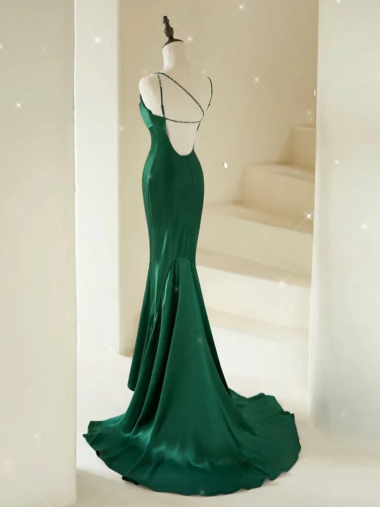 Mermaid V Neck Satin Green Long Prom Party Dresses