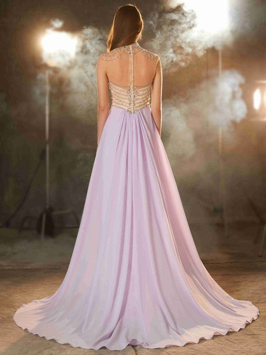 High Neck Sleeveless Sweep/Brush Train Crystal Chiffon Dresses