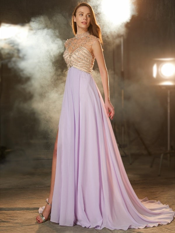 High Neck Sleeveless Sweep/Brush Train Crystal Chiffon Dresses