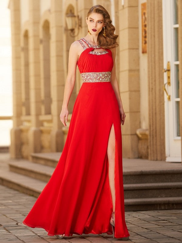 Scoop Beading Sleeveless Floor-length Chiffon Dresses