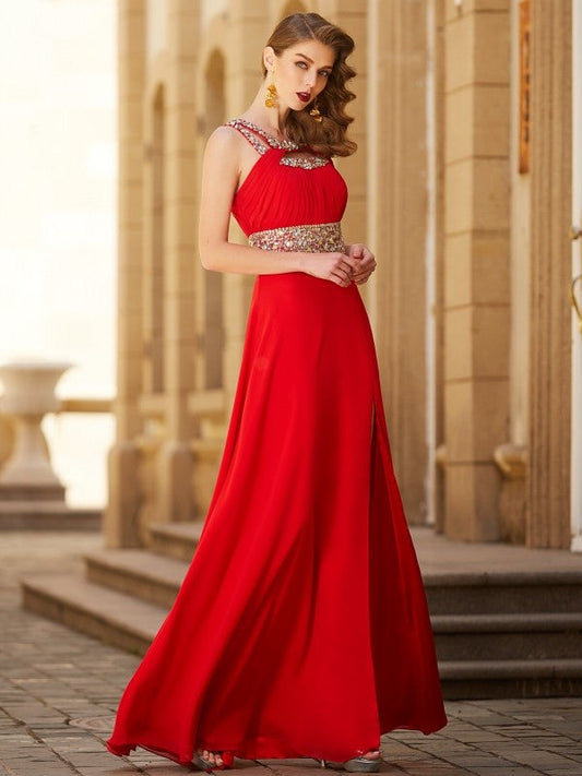 Scoop Beading Sleeveless Floor-length Chiffon Dresses