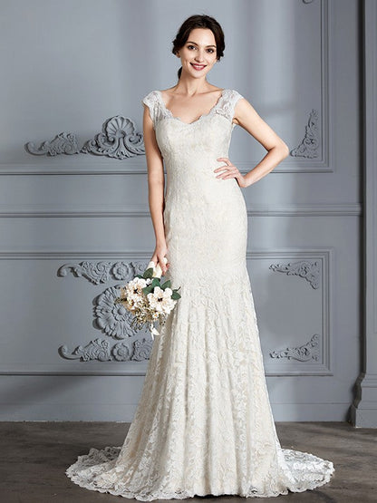 Sleeveless V-Neck Lace Sweep/Brush Train Wedding Dresses
