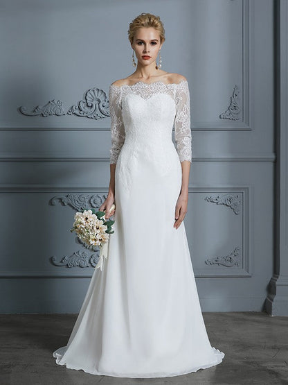 Off-the-Shoulder Sweep/Brush Train Chiffon Wedding Dresses