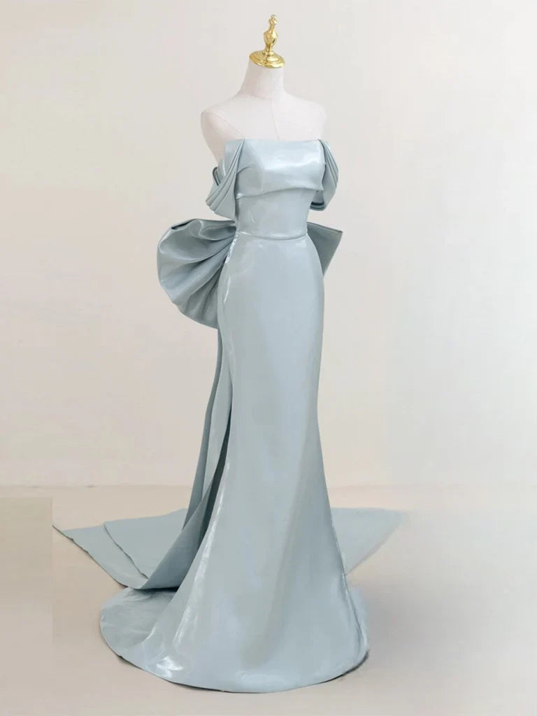 Simple Off Shoulder Satin Blue Long Prom Dress