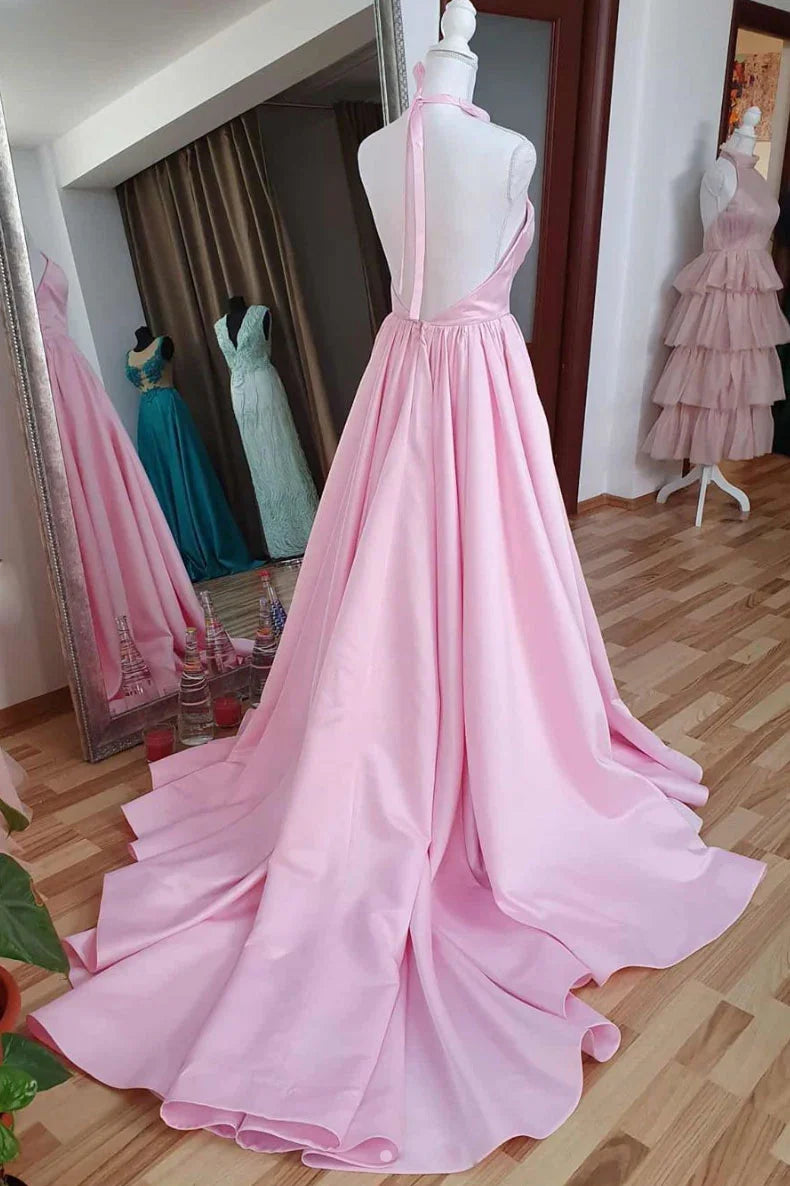 Pink high neck pink satin long prom dress evening dress