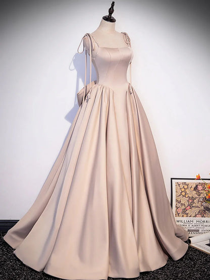 Spaghetti Straps Floor Length Champagne A-Line Satin Long Prom Dresses