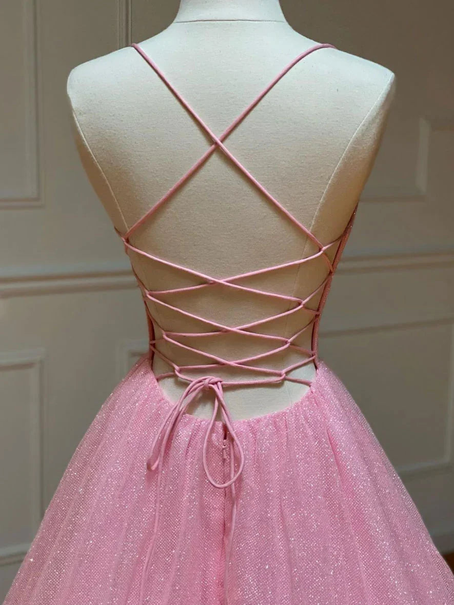 Pink A-line v neck tulle long prom dress