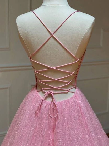 Pink A-line v neck tulle long prom dress