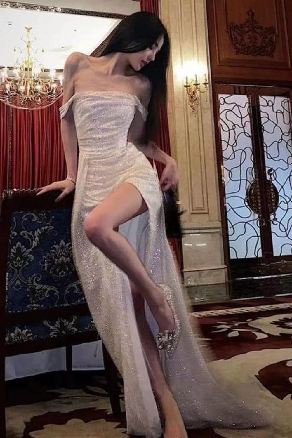 Shimmering Mermaid Off‑The‑Shoulder Short‑Sleeve High‑Slit Floor‑Length Prom Dress For Evening