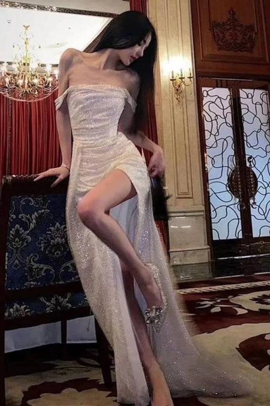 Shimmering Mermaid Off‑The‑Shoulder Short‑Sleeve High‑Slit Floor‑Length Prom Dress For Evening