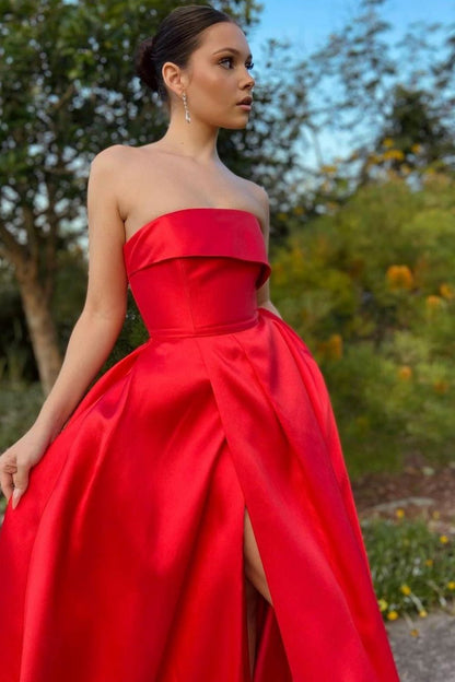 Trendy A Line Strapless Red Long Prom Dress with Split Front