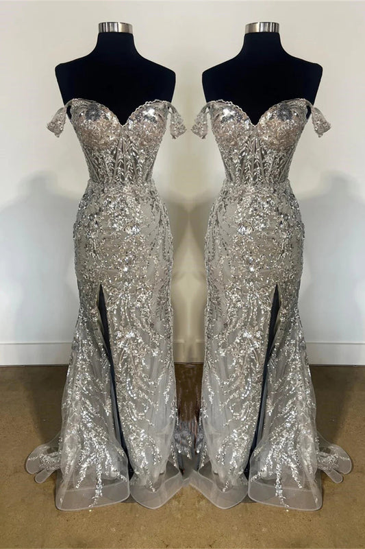 Sparkly Mermaid Off the Shoulder Silver Corset Prom Dress with Split Front