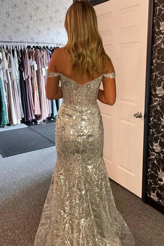 Sparkly Mermaid Off the Shoulder Silver Corset Prom Dress with Split Front