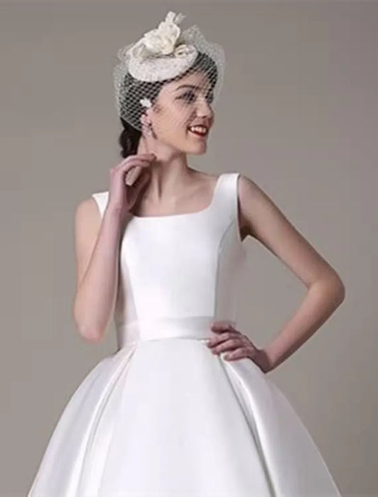 A-Line Cocktail Dresses Party Dress Wedding Guest Knee Length Sleeveless Square Neck Satin
